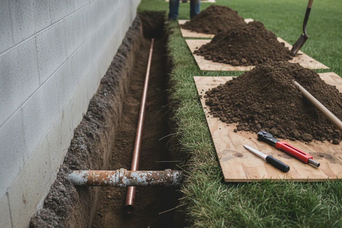 Excavated water line trench during Water Heater Repair in Mount Hope